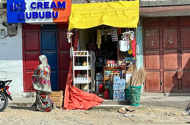 Tanzanie - Zanzibar - small street shops\n\nIn this photo, we are in a small village in Zanzibar between Stone Town and Nungwi. On the side of the road there is an ice cream shop, a grocery store and a veiled woman, seen from behind in a colorful garment.\n\nJanuary 2, 2025