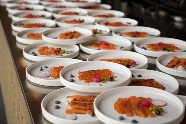 A collection of elegantly plated smoked salmon appetizers arranged on white dishes, garnished with fresh radish slices, capers, and possibly herbs or sauce. This high-angle shot highlights the sophisticated presentation of the gourmet food, perfect for illustrating concepts of fine dining, catering, appetizers, healthy eating, and culinary artistry.