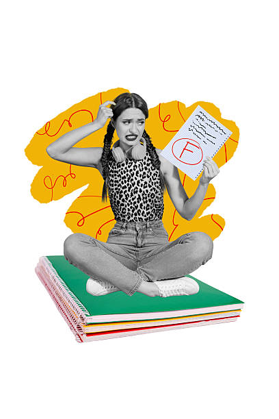 istock Vertical image art pop collage of puzzled girl hold paper sheet test bad mark notepad stack education concept university learner 2216675437