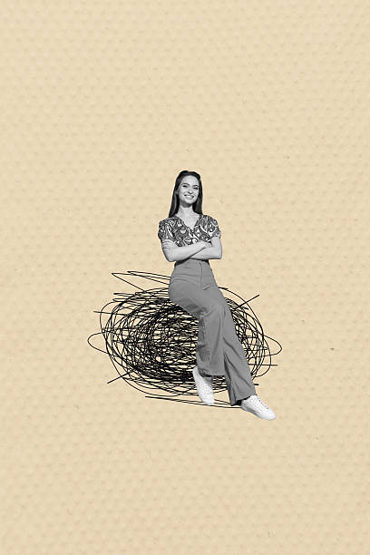 istock Poster image art sketch vertical collage of minded girl guy stand bubble scribble drawing mess brainstorm idea finding contemplation 2216675453