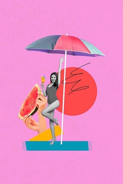 istock Composite sketch image design artwork collage of relax outdoors sea vacation trip sexy young lady stand hold drink watermelon umbrella 2216675742