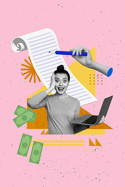 istock Trend image collage of person shock use netbook stand near document writing document on pink background 2216675898