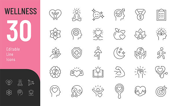 illustrazioni stock, clip art, cartoni animati e icone di tendenza di set di icone modificabili della linea benessere. - resilienza