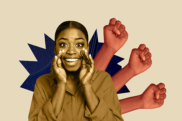 istock Composite image montage trend artwork 3D collage of young lady portrait hand hold gesture smile proclaim talk speech crowd fist support 2216685037
