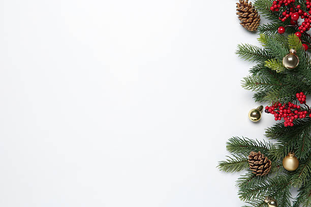 istock Fir tree branches with Christmas decor on white background, flat lay. Space for text 2216694711