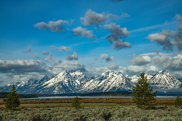 View of lake, meadows and mountains where wildlife is abundant at Grand Teton National Park, Wyoming, United States.