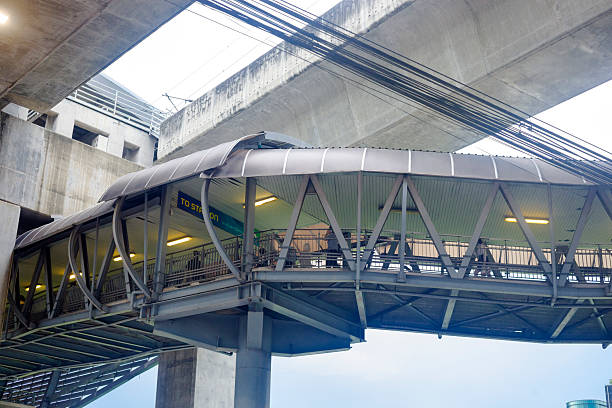 Thai people and commuters on pedestrian footbridge leading to station Makkasan at Thanon Asok at junction to Kamphenphet Road at late afternoon. View up to bridge and people. Footbridge is connecting sidewalk, second footnridge over street and station buildin gof airport railway link skytrain.  Above are bridges and lines of airport railway link