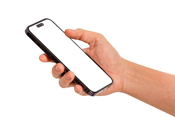 istock Hand showing smartphone with blank screen isolated on white background. Premium high quality studio shot. Concept for technology, business, finance and advertising. 2216700103