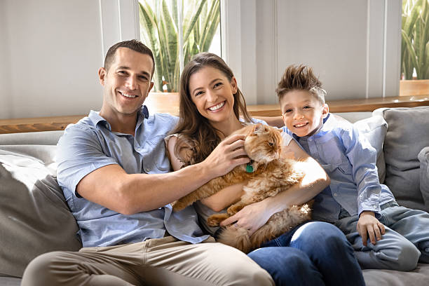 istock Cheerful young parents and cute son kid holding orange cat 2216702649