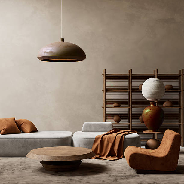 istock A serene living room styled with earthy tones and minimalist elements. 3D illustration 2216702935