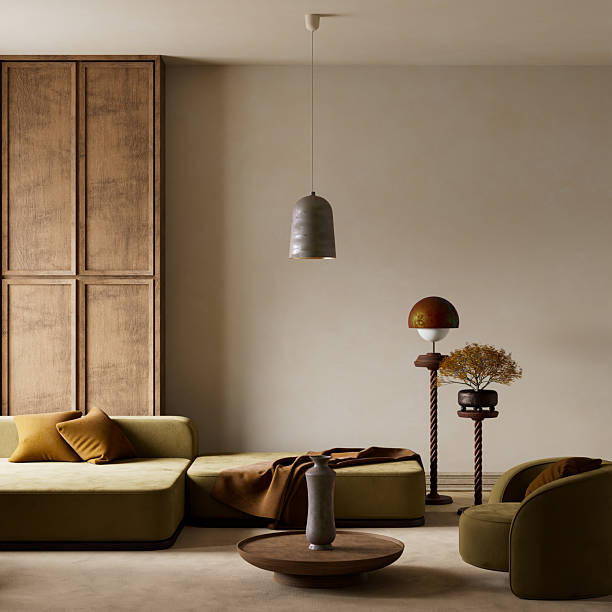 istock Tranquil earth toned living room with modern minimalist design. 3D illustration 2216705098