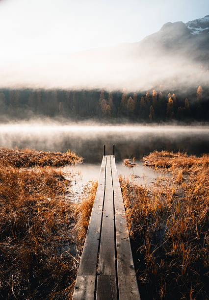 istock Boardwalk over lake below mountains at sunrise 2216712731