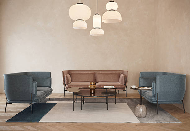 istock 3d render of a contemporary interior with velvet lounge sofas, side table and pendant paper lamps 2216712856