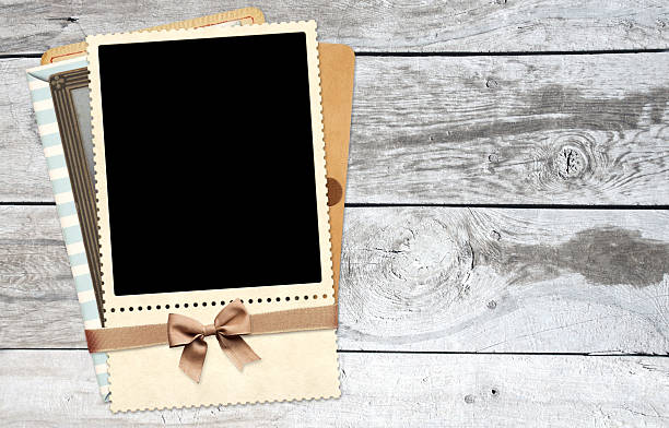 Retro photo frame and card, creating a nostalgic effect. Vintage scrapbooking style. Horizontal background with retro photo on old wooden boards. Mock up template. Copy space for text