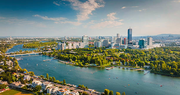 Aerial View of Vienna’s Modern Skyline and Danube River