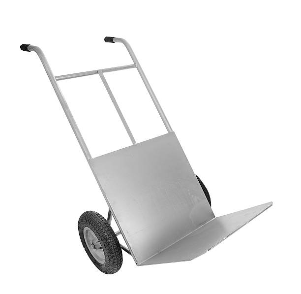 3d rendering of four parcels wrapped in paper on blue hand truck. Material handling. Supplies delivery. Gross of goods.