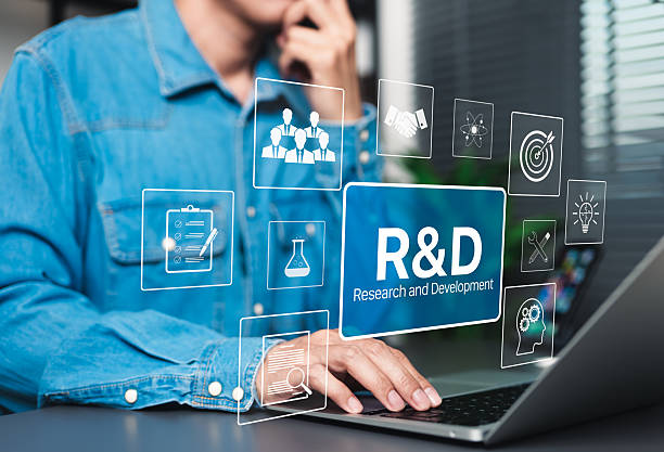 istock R and D, Research and Development Innovation Technology Concept. A person working on laptop with icons and text R and D, symbolizing innovation, analysis, and scientific business development processes 2216728207