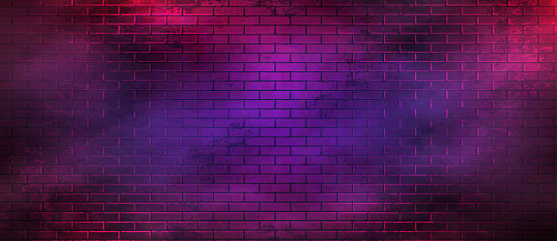 istock Cyber Neon Brick Wall Panorama. Retro Cyberpunk Background 2216728243