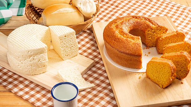 istock Breakfast table, beautiful breakfast table in Brazil with cake, cheese breads and more, on table with tablecloth, selective focus. 2216738363