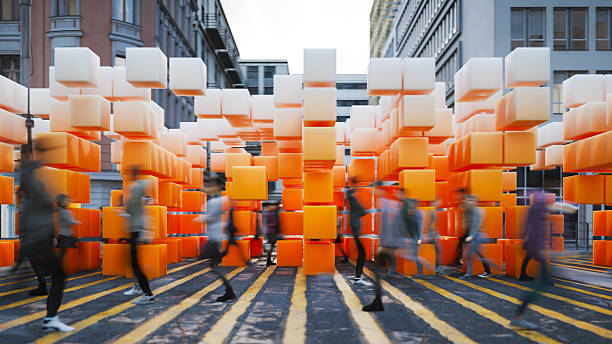 Orange cubes floating above the crosswalk. CGI, all objects in the scene are 3D