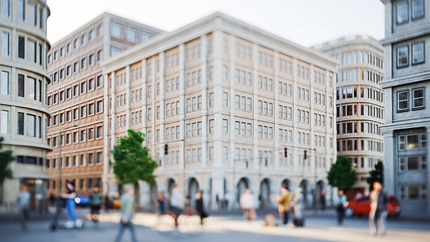 A city street rendered with with tilt-shift camera effect, CGI. All objects in the scene are 3D