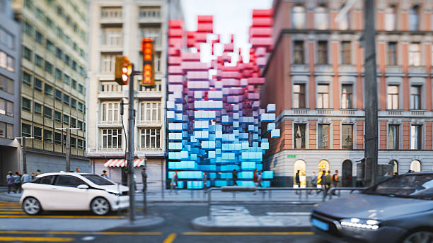 Colorful cubes in place of a building. CGI, all objects in the scene are 3D, car designs not based on any real vehicle