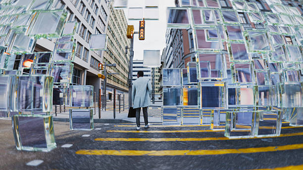 Glass cubes floating above the crosswalk. CGI, all objects in the scene are 3D