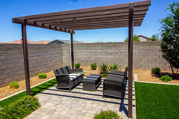 istock Back Yard Pergola Covering Wicker Furniture 2216756934