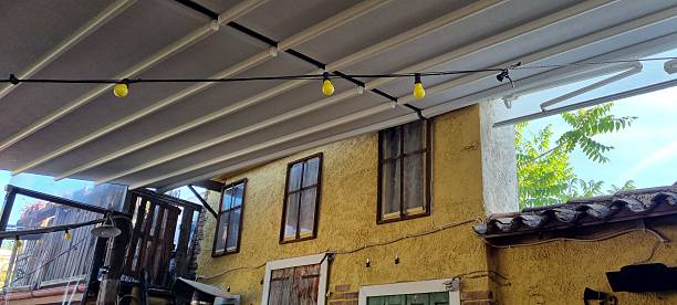 istock Outdoor Canopy with Vintage Facade and String Lights 2216758508