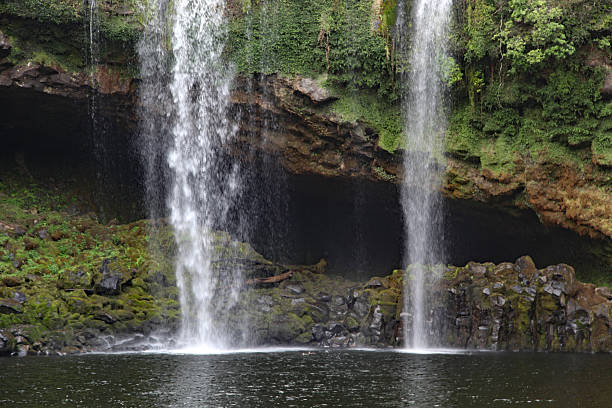 Dual waterfalls into lake