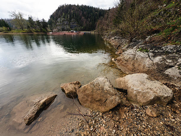 Large, smooth rocks line the edge of a mountain lake, with clear water gently washing over the rugged shoreline. The forested hills and overcast sky create a serene, untouched natural landscape perfect for peaceful contemplation.