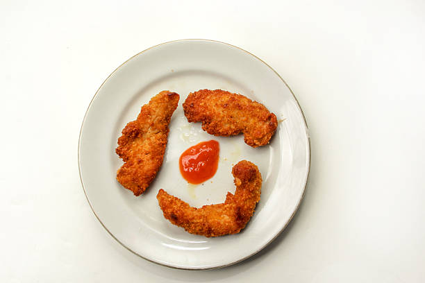 three pieces of snitzel on a plate, isolated on white background