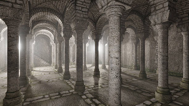 interior of an ancient castle with columns, 3d illustration
