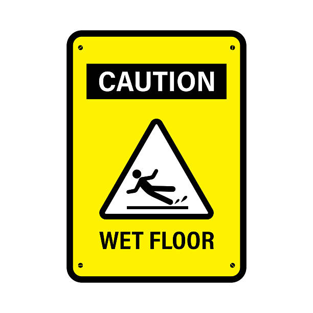 istock Caution wet floor, slippery way after cleaning. human pictogram on slick floor, printable sign template 2216783708