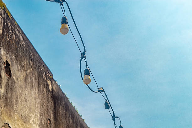 Bright yellow string lights strung across a clear blue sky, with a weathered wall in the foreground, ideal for festive or outdoor themes