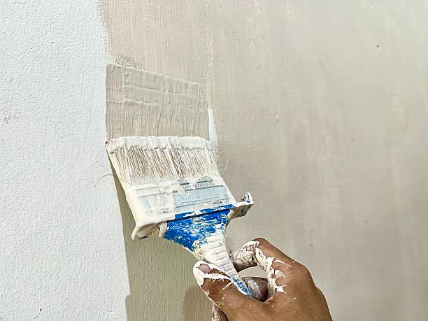 istock Hand holding a paintbrush applying white paint on a wall 2216785102