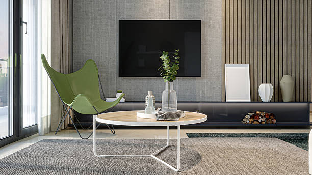 istock Modern Living Room: Stylish Green Chair, Coffee Table, and Minimalist Design 2216788582