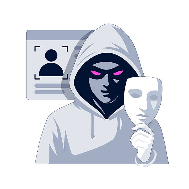 istock The scammer is holding a mask. Identity theft through digital impersonation and stolen profiles. Cybercriminal hides behind fake mask to exploit user information. Online fraud targets personal data and biometric credentials 2216796001