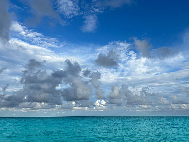 The horizon of the Caribbean Sea shows turbulent waters beneath an overcast sky, filled with dark, dramatic clouds hinting at an impending storm. The atmosphere feels charged and intense.