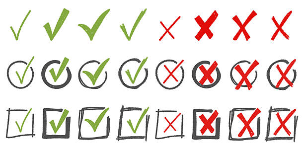 istock Brush, marker drawn green check mark and red cross circle and square icon set. Collection of hand drawn doodle tick symbol, chalk approval and cancel marks 2216801493
