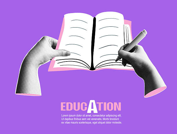 istock Education. Trendy halftone collage banner with hands holding open book and marker. Knowledge and back to school concept. Contemporary vector illustration 2216801522