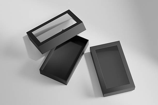 istock luxury paper box packaging mockup, black gift box with window display, rigid paperboard rectangular packaging, square shape cardboard box with clear pvc window, elegent perfume packaging 2216801809