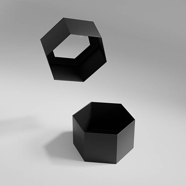 istock black hexagon shape paper box mockup, luxury gift box with window display, black paperboard rectangular packaging, hexagonal cardboard box with clear pvc window, elegent honeycomp shape packaging 2216801887