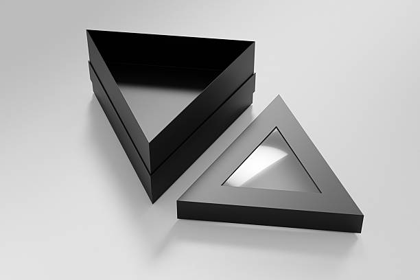 istock black triangle shape paper box mockup, luxury gift box with window display, black paperboard rectangular packaging, triangular cardboard box with clear pvc window, elegent prism shape packaging 2216801911
