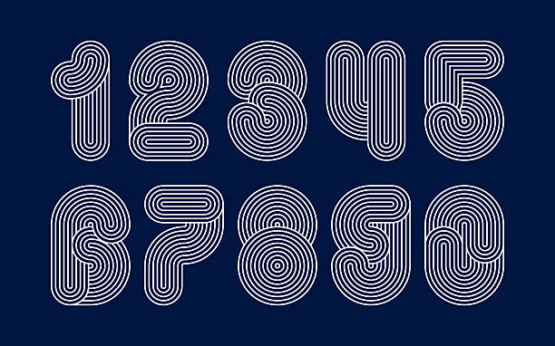 Line number logo type. Vector funky anniversary design. Striped digital graphic font. Retro sport artistic typography. Round old character alphabet. Poster decorative digits, outline circle shapes
