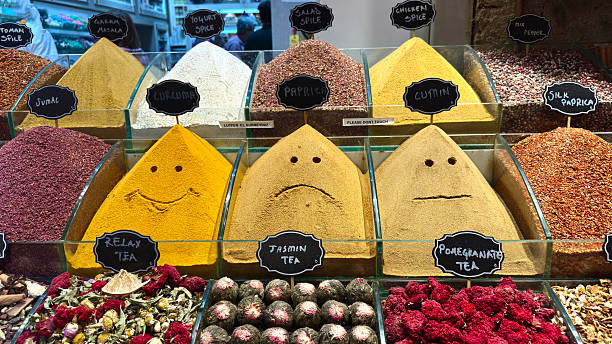 Colorful display of funny spices, playful designs.