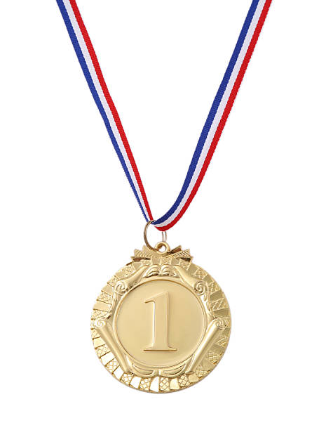 istock One golden medal isolated on white, top view 2216804509