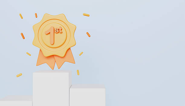 istock First place prize badge on white winner podium with copy space for text or message 2216804999