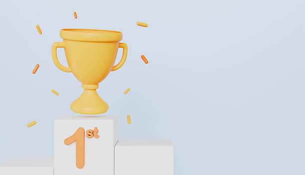 First place prize badge on podium winner with copy space for text or message