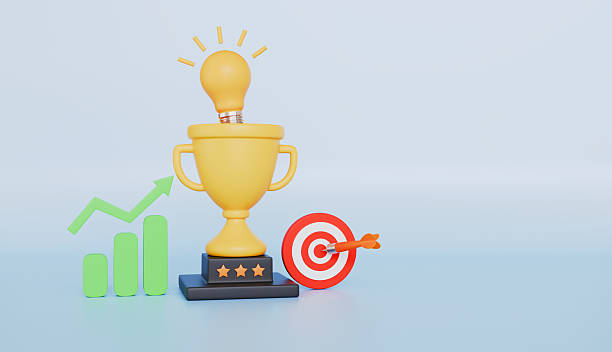 istock Target and Arrow, Gold Trophy, Uptrend Chart, and Arrow on Light, Business Development and Success Concept 2216805492